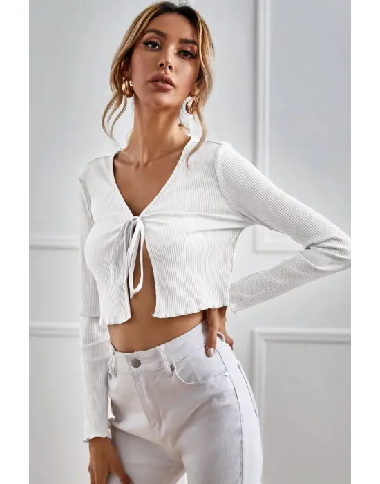 Omarı Beyaz Uzun Kollu Bağlama Detaylı Crop Top Bluz