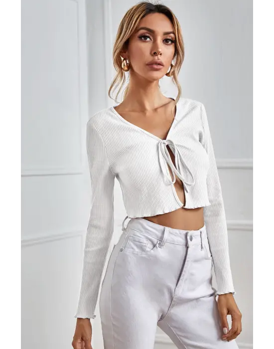 Omarı Beyaz Uzun Kollu Bağlama Detaylı Crop Top Bluz