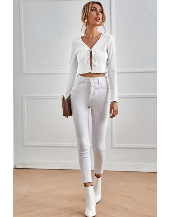 Omarı Beyaz Uzun Kollu Bağlama Detaylı Crop Top Bluz