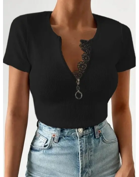 Kadın Beyaz Yaka Dantel Ve Fermuarlı Kaşkorse Bluz