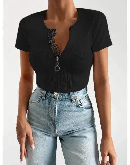 Kadın Beyaz Yaka Dantel Ve Fermuarlı Kaşkorse Bluz