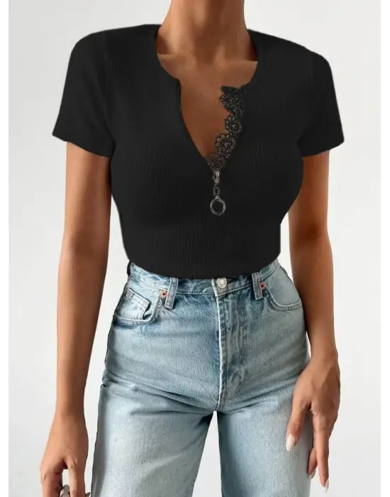 Kadın Beyaz Yaka Dantel Ve Fermuarlı Kaşkorse Bluz