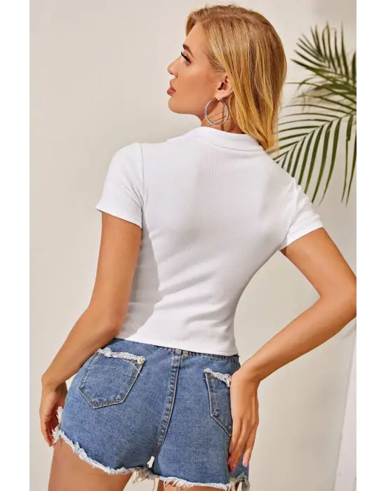 Omarı Beyaz Yarım Fermuarlı Crop Top Bluz