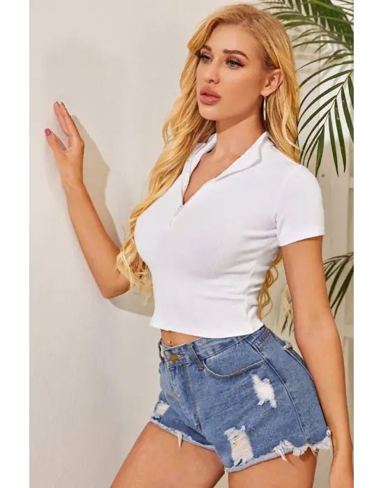 Omarı Beyaz Yarım Fermuarlı Crop Top Bluz