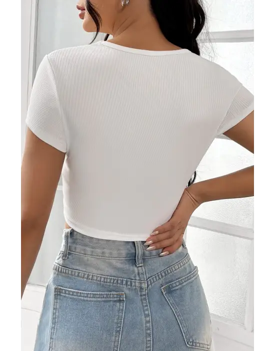 Omarı Yarım Kol Düz Yaka Crop Top Bluz