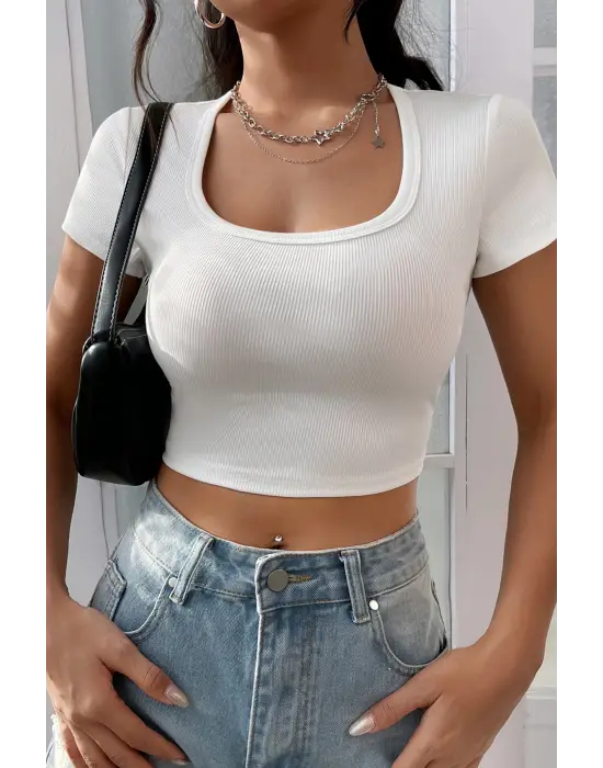 Omarı Yarım Kol Düz Yaka Crop Top Bluz