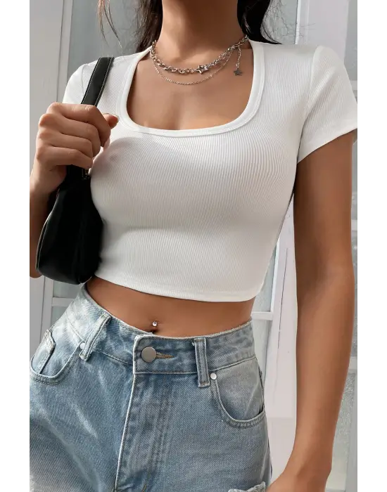 Omarı Yarım Kol Düz Yaka Crop Top Bluz