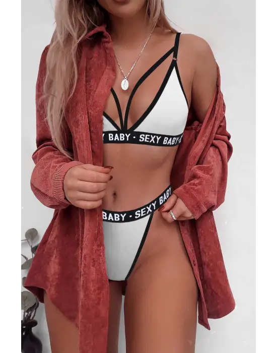 Omarı Beyaz Yazı Detaylı Ipli Sütyen Takımı - Yazın Vazgeçilmezi!