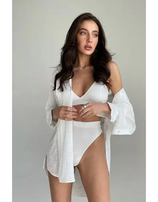 Omarı Yüksek Bel Beyaz Kadın Slip Takımı