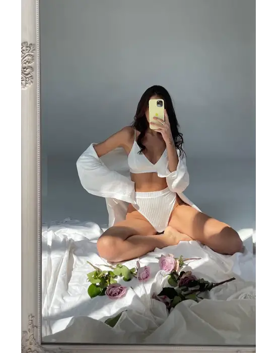 Omarı Yüksek Bel Beyaz Kadın Slip Takımı