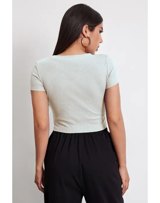 Omarı Beyaz Crop Top Bluz