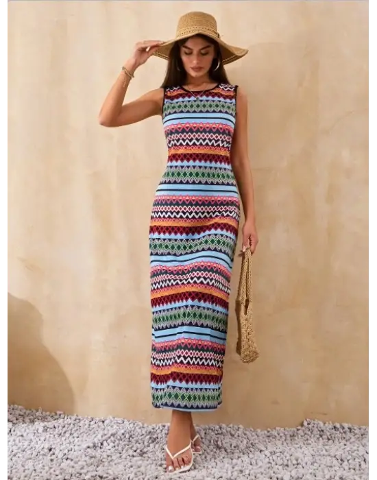 Kadın Bisiklet Yaka Cizgi Desen Süprem Elbise