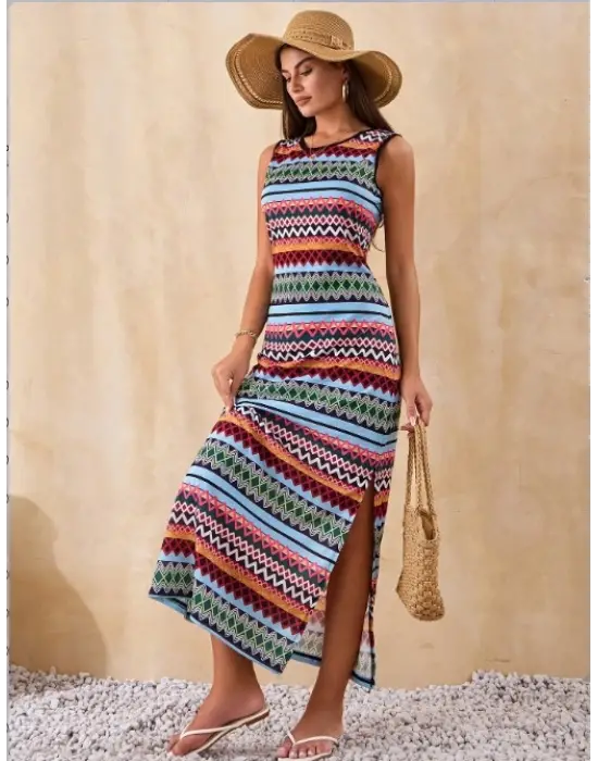 Kadın Bisiklet Yaka Cizgi Desen Süprem Elbise