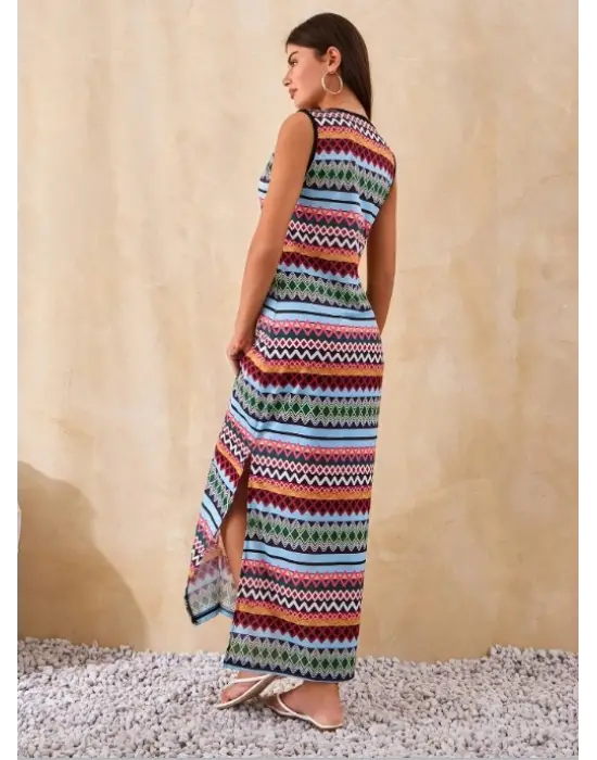 Kadın Bisiklet Yaka Cizgi Desen Süprem Elbise