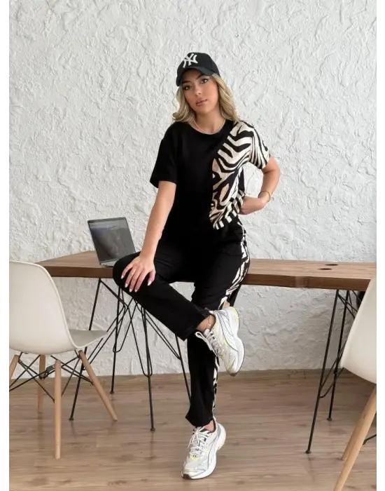 Kadın Bisiklet Yaka Kısa Kol Leopar Desen Bluz Ve Pantolon Ikili Takım