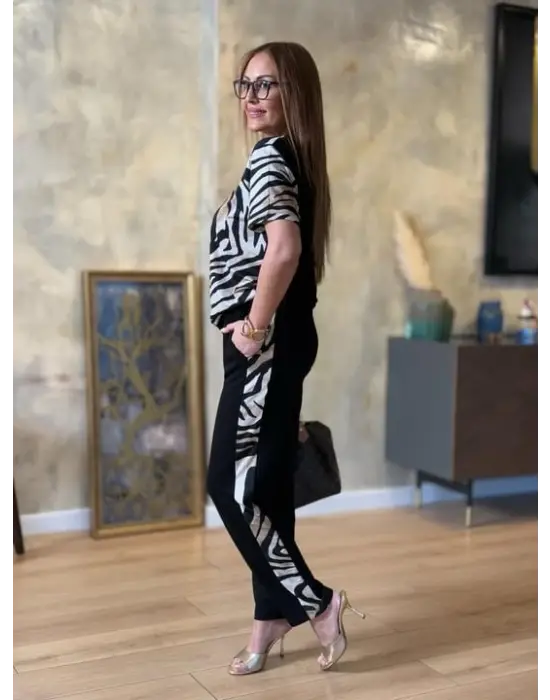 Kadın Bisiklet Yaka Kısa Kol Leopar Desen Bluz Ve Pantolon Ikili Takım