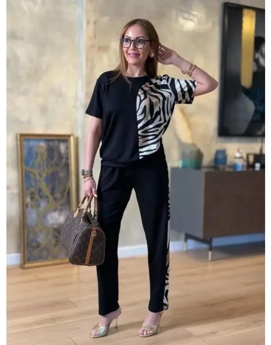 Kadın Bisiklet Yaka Kısa Kol Leopar Desen Bluz Ve Pantolon Ikili Takım