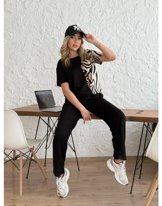 Kadın Bisiklet Yaka Kısa Kol Leopar Desen Bluz Ve Pantolon Ikili Takım