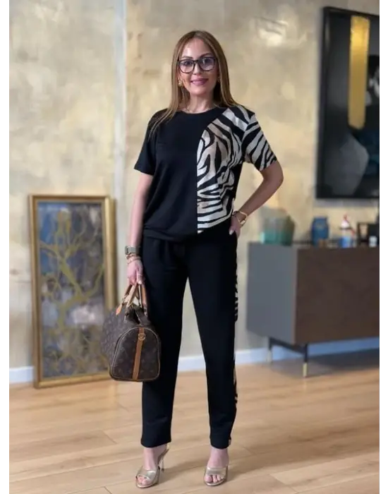 Kadın Bisiklet Yaka Kısa Kol Leopar Desen Bluz Ve Pantolon Ikili Takım