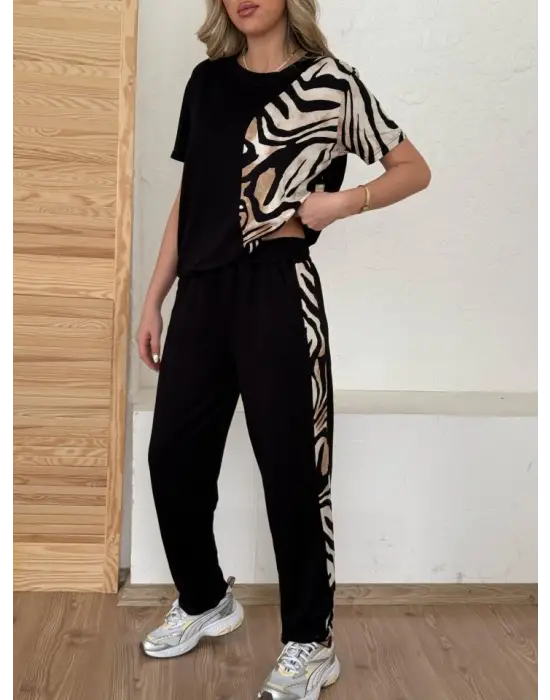 Kadın Bisiklet Yaka Kısa Kol Leopar Desen Bluz Ve Pantolon Ikili Takım