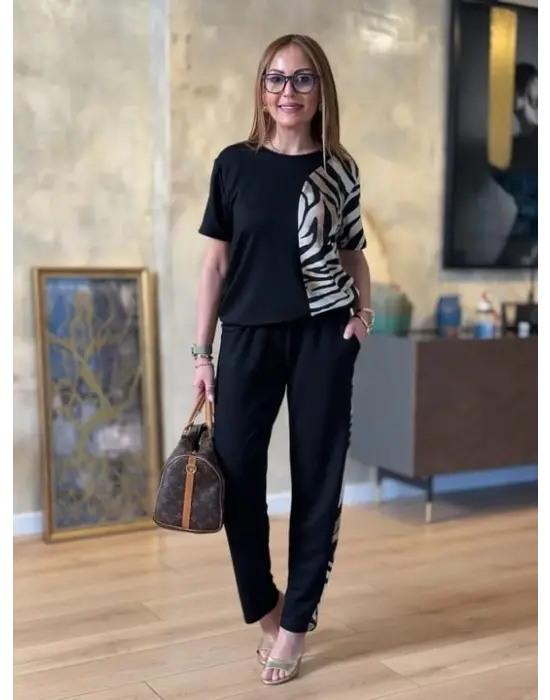 Kadın Bisiklet Yaka Kısa Kol Leopar Desen Bluz Ve Pantolon Ikili Takım