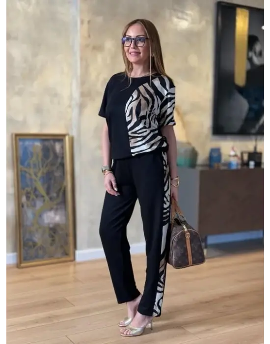 Kadın Bisiklet Yaka Kısa Kol Leopar Desen Bluz Ve Pantolon Ikili Takım