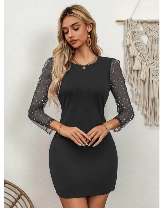 Kadın Bisiklet Yaka Kol Tül Detay Dalgıç Mini Boy Elbise