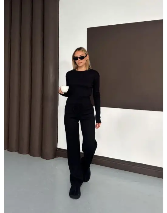 Kadın Bisiklet Yaka Parmak Geçme Detay Uzun Kollu Bluz Ve Pantolon Ikili Takım