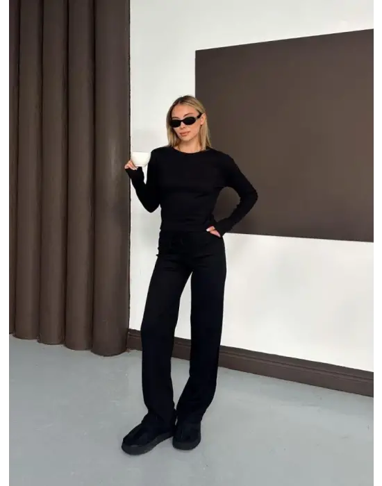 Kadın Bisiklet Yaka Parmak Geçme Detay Uzun Kollu Bluz Ve Pantolon Ikili Takım