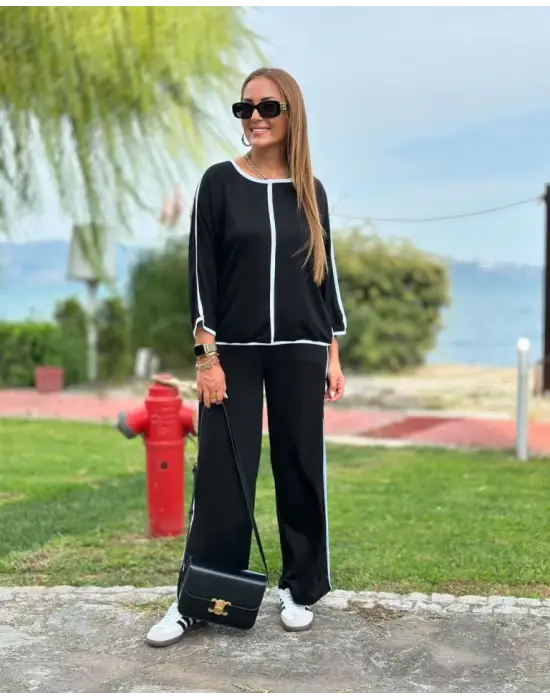 Kadın Bisiklet Yaka Truvakar Kol Biye Detay Bluz Ve Yüksek Bel Lastikli Pantolon Ikili Takım