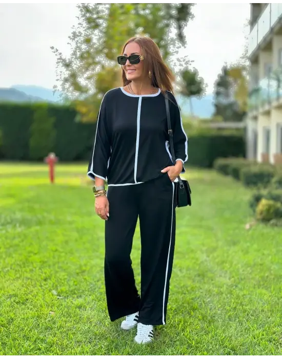 Kadın Bisiklet Yaka Truvakar Kol Biye Detay Bluz Ve Yüksek Bel Lastikli Pantolon Ikili Takım