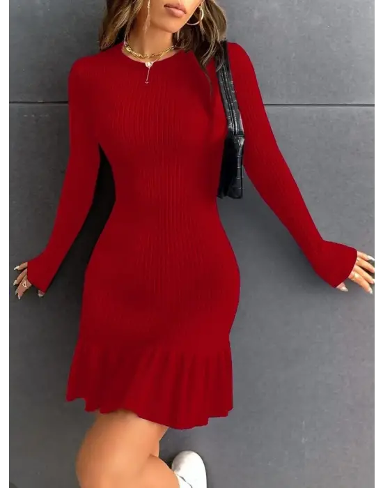 Kadın Bisiklet Yaka Uzun Kol Etek Ucu Fırfırlı Triko (polyenit) Mini Boy Elbise