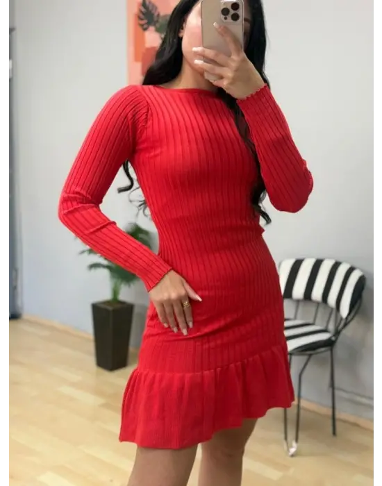 Kadın Bisiklet Yaka Uzun Kol Etek Ucu Fırfırlı Triko (polyenit) Mini Boy Elbise