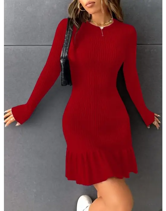 Kadın Bisiklet Yaka Uzun Kol Etek Ucu Fırfırlı Triko (polyenit) Mini Boy Elbise