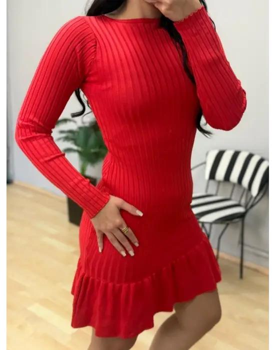 Kadın Bisiklet Yaka Uzun Kol Etek Ucu Fırfırlı Triko (polyenit) Mini Boy Elbise