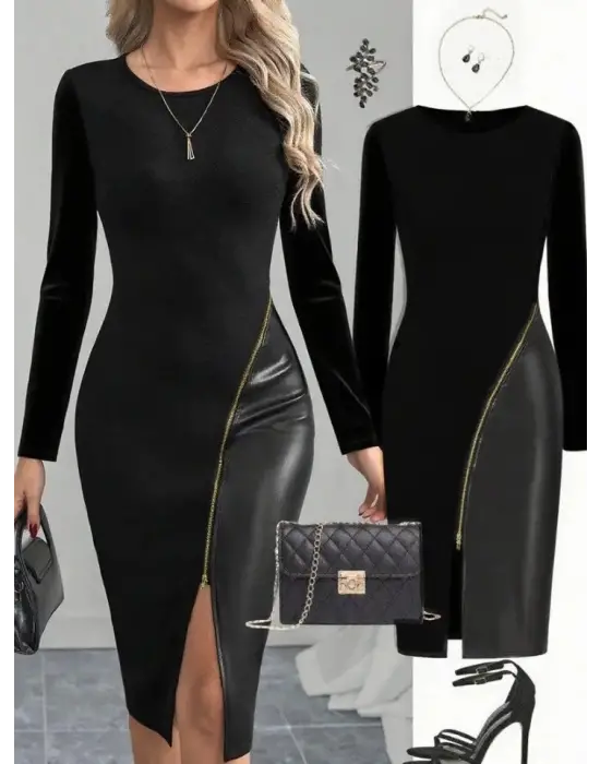 Kadın Bisiklet Yaka Uzun Kollu Deri Ve Fermuar Detay Mini Yırtmaçlı Elbise