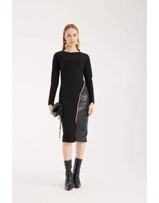Kadın Bisiklet Yaka Uzun Kollu Deri Ve Fermuar Detay Mini Yırtmaçlı Elbise