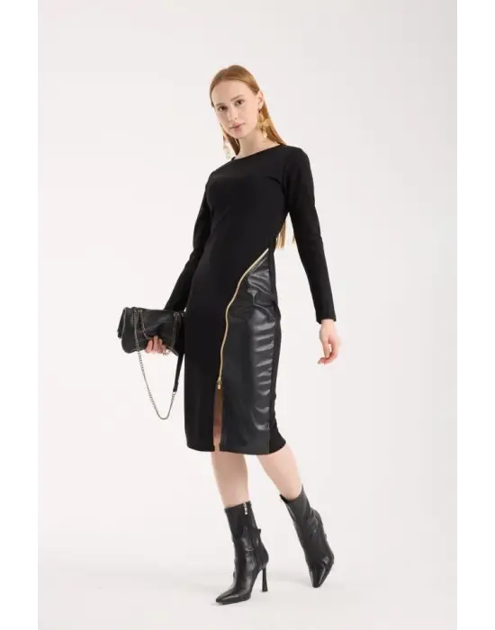 Kadın Bisiklet Yaka Uzun Kollu Deri Ve Fermuar Detay Mini Yırtmaçlı Elbise