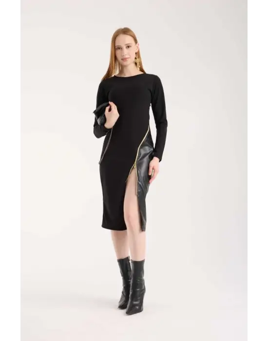 Kadın Bisiklet Yaka Uzun Kollu Deri Ve Fermuar Detay Mini Yırtmaçlı Elbise