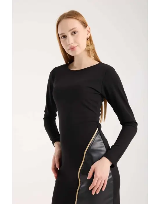 Kadın Bisiklet Yaka Uzun Kollu Deri Ve Fermuar Detay Mini Yırtmaçlı Elbise