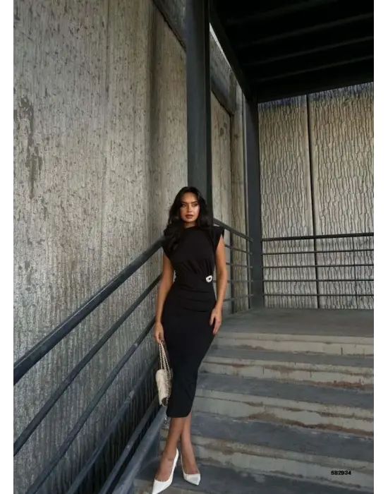 Kadın Bisiklet Yaka Vatkalı Broş Detay Kısa Kol Midi Boy Elbise