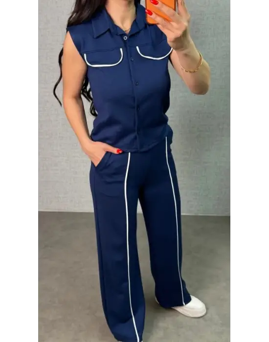 Kadın Biyeli Cep Detay Yelek Ve Pantolon Modal Kumaş Ikili Takım