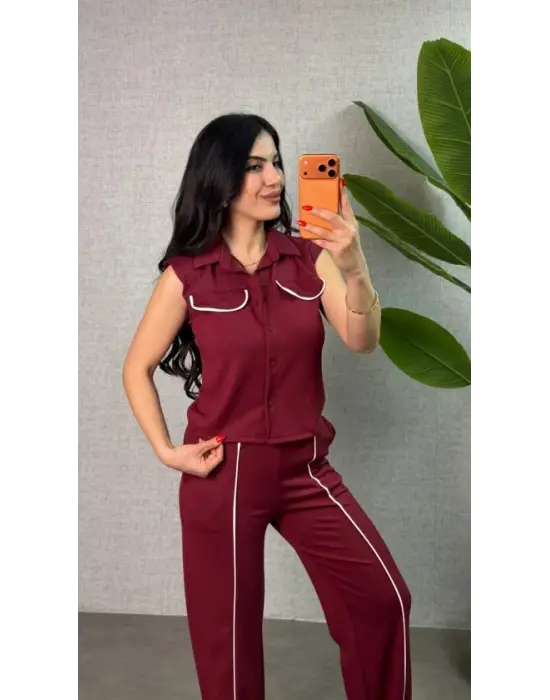 Kadın Biyeli Cep Detay Yelek Ve Pantolon Modal Kumaş Ikili Takım