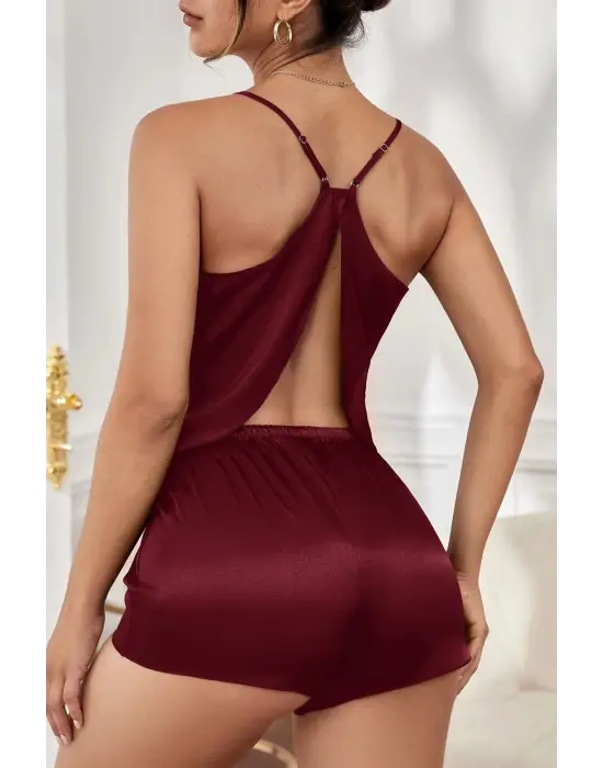 Omarı Asimetrik Dekolte Detaylı Şık Kadın Gecelik Takım