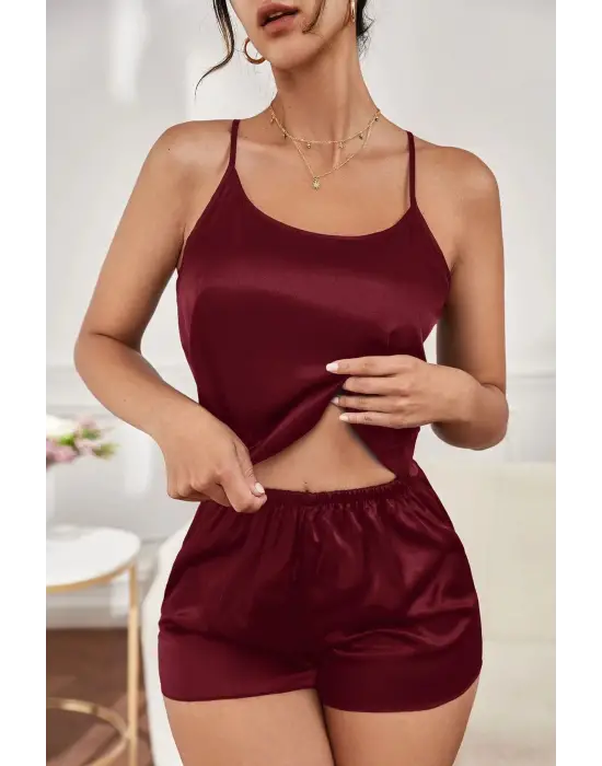 Omarı Asimetrik Dekolte Detaylı Şık Kadın Gecelik Takım