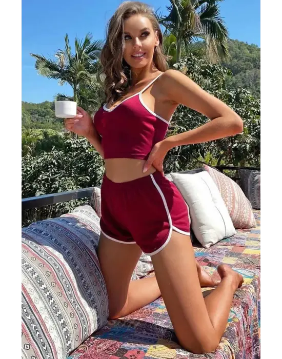 Omarı Bordo Askılı Crop Top ve Şortlu Gecelik Seti