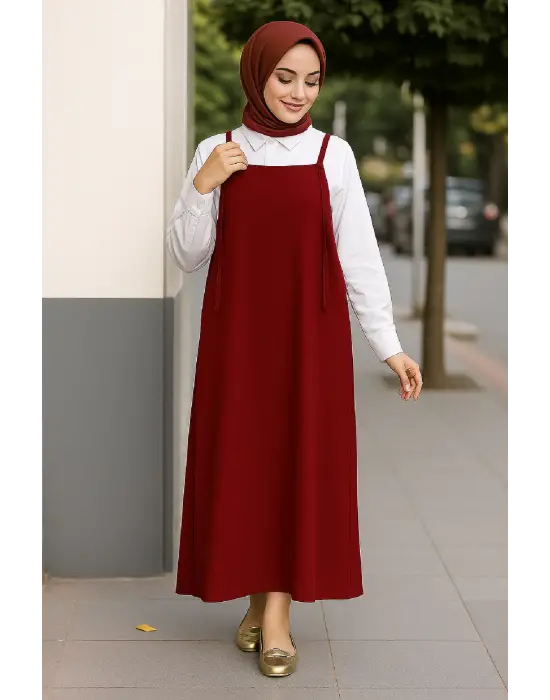 Kadın Bordo Basic Ayarlanabilir Askılı Jile Elbise