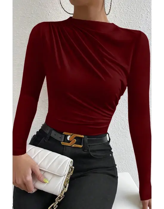 Kadın Bordo Belden ve Boyundan Büzgü Detaylı Uzun Kollu Bluz