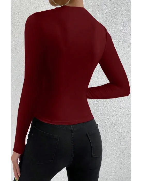 Kadın Bordo Belden ve Boyundan Büzgü Detaylı Uzun Kollu Bluz