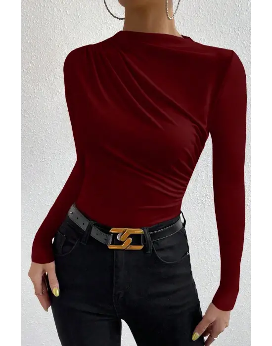 Kadın Bordo Belden ve Boyundan Büzgü Detaylı Uzun Kollu Bluz